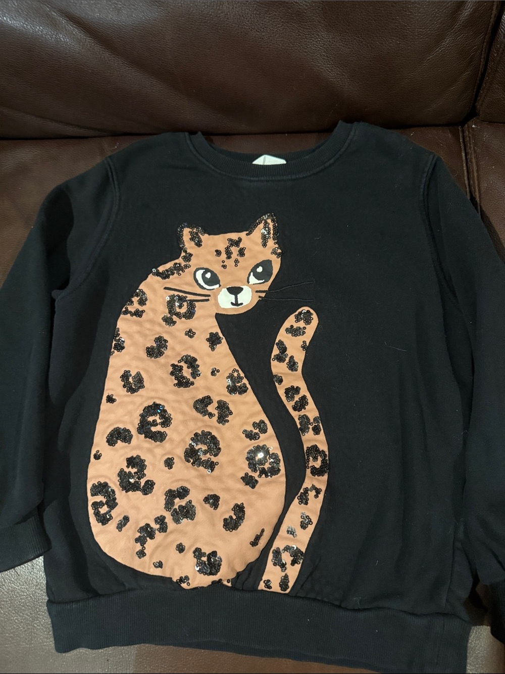 H&M Black Sweatshirt with Tan Leopard Cat Graphic 2 for 25